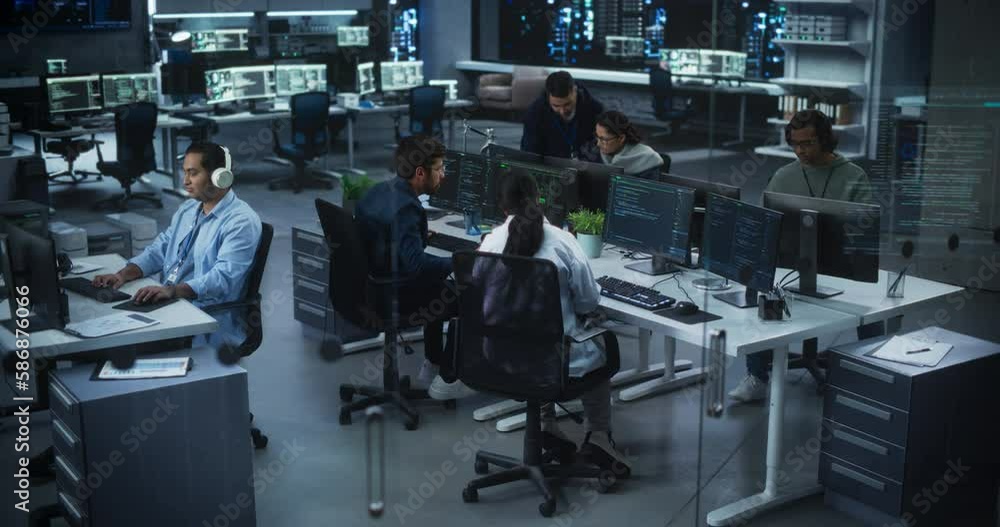 Poster Group of Multicultural South Asian Men and Women Working in a Research Center, Collaborating and Discussing a Project, Using Computers to Write Software Code, Develop Artificial Intelligence Service