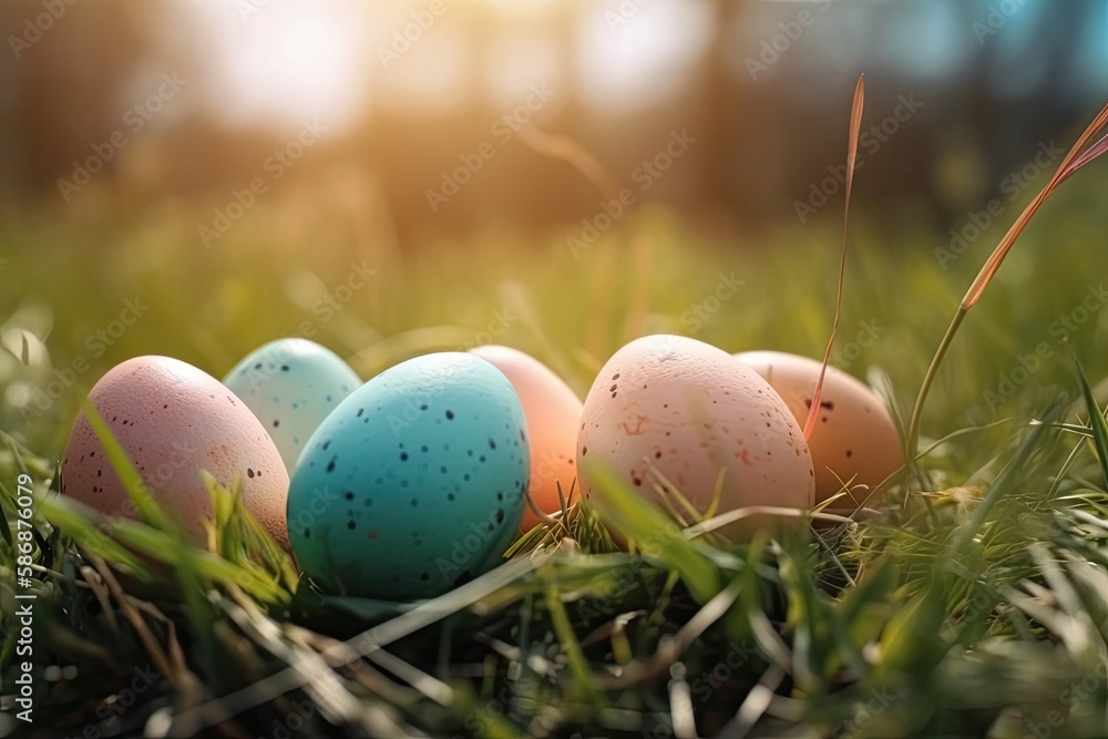 Poster eggs in a nest on a tree branch. generative ai