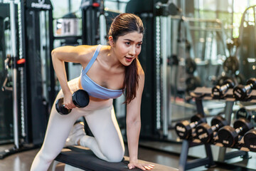 Fototapeta na wymiar Fitness young asian woman lifting dumbbell in the gym. Morning exercise, Slim young beautiful girl warming up with weights in health club.