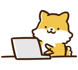 パソコンで作業仕事をするかわいい柴犬のキャラクターの手書き風イラスト
