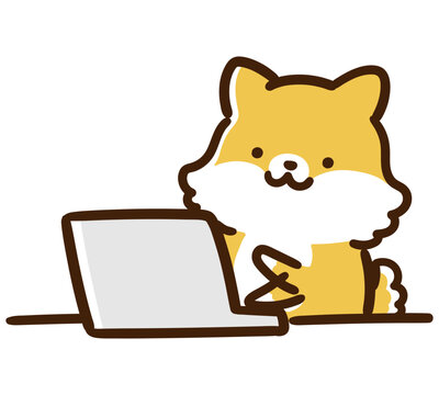 パソコンで作業仕事をするかわいい柴犬のキャラクターの手書き風イラスト
