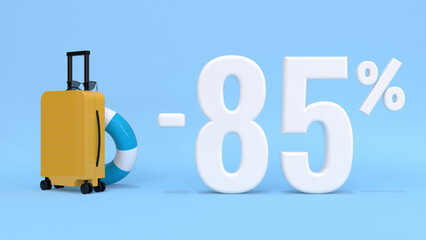 3d text minus 85 percent with luggage for travel on a blue background. Concept for travel agencies, websites, travel discount, vacation. 3d rendering.