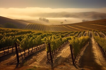 Fototapeta premium Beautiful vineyard in the countryside at sunset around hills and mountains. Generative AI