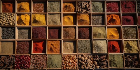 A vast array of different spices. Top view set of species colorfully food photo style by  generative ai