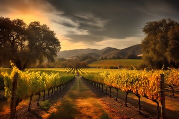 Beautiful vineyard in the countryside at sunset around hills and mountains. Generative AI