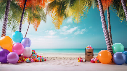 Tropical setting with balloons and beach and ocean background