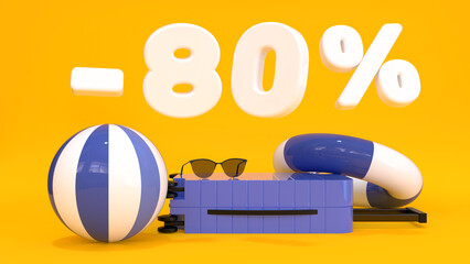 White text minus 80 percent with suitcase, sunglasses, ball on yellow background in modern style. Travel background. Modern lifestyle. Summer vacation concept. 3d rendering.