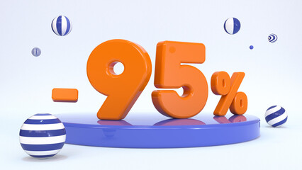 3d orange text 95 percent on a stand, stage, podium surrounded by striped balloons on a light background. 3d illustration.