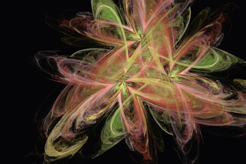 Obraz premium Green red triple floral pattern of crooked waves on a black background. Abstract fractal 3D rendering