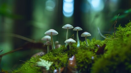 close up spring time mushroom blooming on forest ground among green moss, Generative Ai