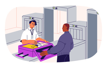 Checking luggage at airport checkpoint. Staff during baggage security control, open suitcase, travel bag examination, inspection at check-point. Flat vector illustration isolated on white background