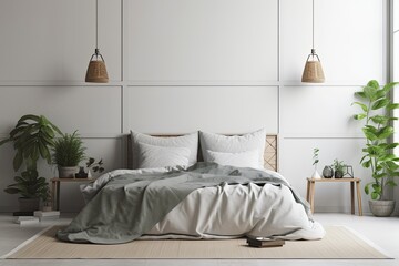 Mockup of a bedroom interior wall featuring a made up bed, gray plaid, green plants, and lights on a background of a blank white wall. Generative AI