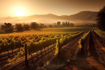 Beautiful vineyard in the countryside at sunset around hills and mountains. Generative AI