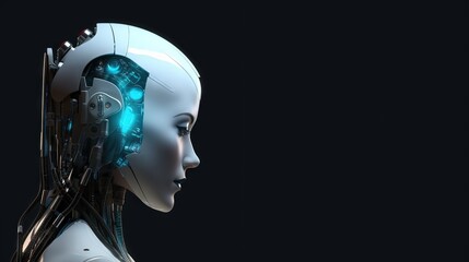 Cyborg woman side view banner. High-tech Ai bot background with copy space for text generative ai