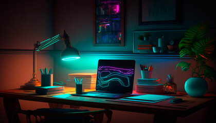 A home office setup with laptop on desk and houseplants, dark room with neon lights, generative ai
