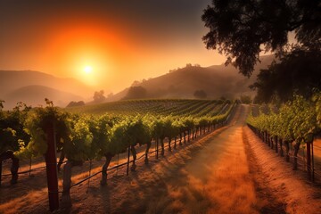 Fototapeta premium Beautiful vineyard in the countryside at sunset around hills and mountains. Generative AI
