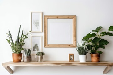 Shelf with plants and a white frame. Generative AI