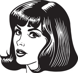 Vintage woman 60s style young woman. Retro comics woman head black and white ink drawing, American cartoon advertising illustration.