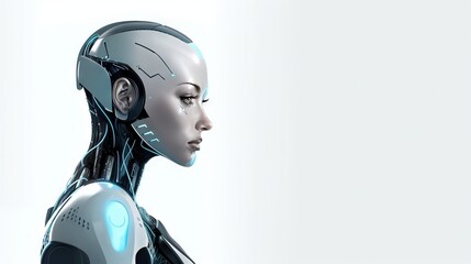 Cyborg woman side view banner. High-tech Ai bot background with copy space for text generative ai - obrazy, fototapety, plakaty