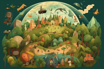 Illustration of Cityscape and Forest on Earth Day with Children Playing