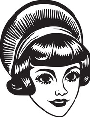 Vintage woman 60s style young woman. Retro comics woman head black and white ink drawing, American cartoon advertising illustration.