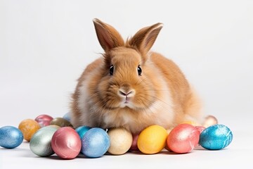 Fototapeta na wymiar cute rabbit guarding a colorful collection of Easter eggs. Generative AI