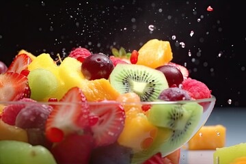 Fototapeta na wymiar Fresh summer fruit salad with colorful slices of kiwi, strawberry, and raspberry. A perfect healthy and sweet dessert. Ai generative.
