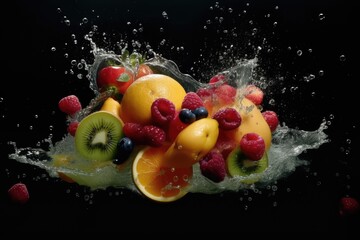 Fototapeta na wymiar Mix summer fruit in splash of water. Fresh and healthy. Raspberry and citrus close-up. Multi colored background. Ai generative.