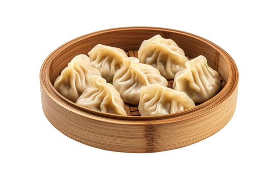 Chinese dumplings in bamboo steamer isolated on white background. png transparency