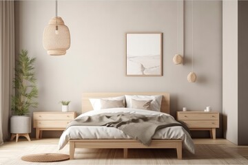 Fototapeta na wymiar A bedroom with a bed, a shelf, a plant and a lamp. Generative AI