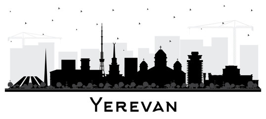 Naklejka premium Yerevan Armenia City Skyline Silhouette with Black Buildings Isolated on White. Yerevan Cityscape with Landmarks. Business Travel and Tourism Concept with Historic Architecture.