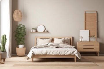 A bedroom with a bed, a shelf, a plant and a lamp. Generative AI