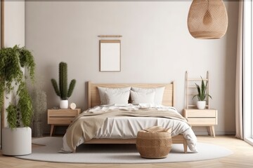 A bedroom with a bed, a shelf, a plant and a lamp. Generative AI