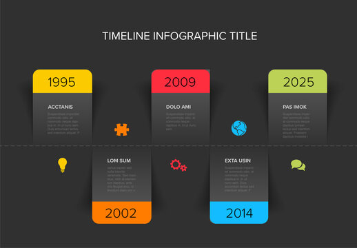 Simple minimalistic horizontal timeline template with dates on dark paper leafs
