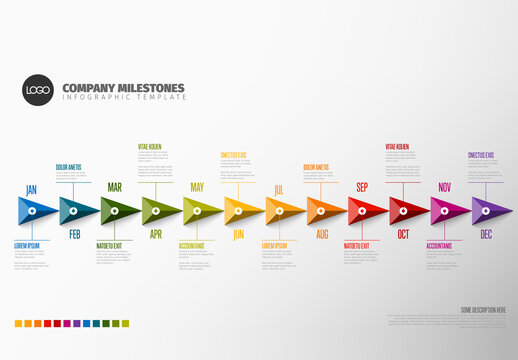 Full year timeline template with 12 month labels made from rainbow pyramid arrows