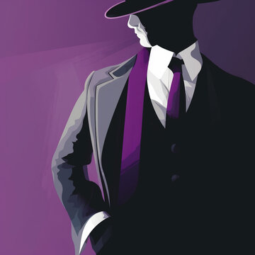 Businessman in a purple suit and tie, looking to the side, plain purple background, generative AI