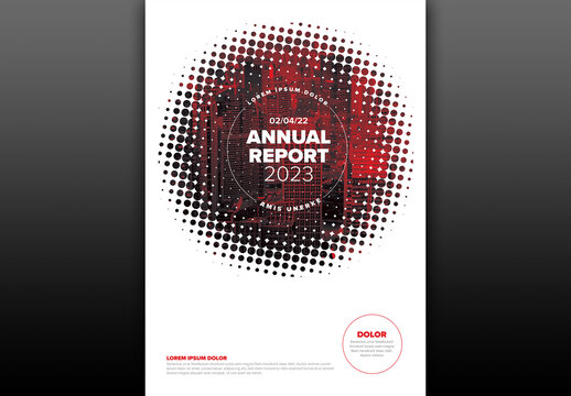 White annual report front cover page template with photo in halftone effect circle frame
