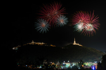 Soft focus of Festival Firework of  organized every year at Phra Nakhon Khiri (Khao Wang)Historical Park, Phetchaburi province in Thailand.