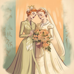 Lesbian couple wedding in a retro 1950s illustration style.  Two pretty women wearing beautiful bridal gowns.
