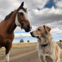 A horse and a dog making friends.