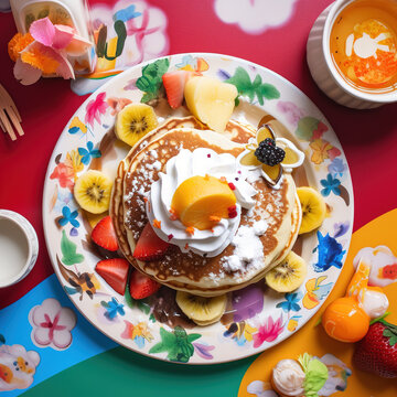 Fluffy pancakes on a plate, birds eye view, generative AI