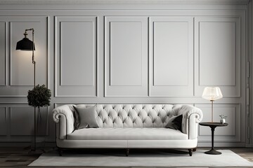 Classical interior with a plush sofa and decorative lighting. Wall for the mockup. Generative AI