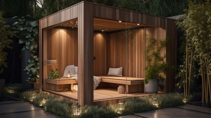 Fototapeta na wymiar beautiful little cozy wooden room in garden, idea for small house pavilion, Generative Ai