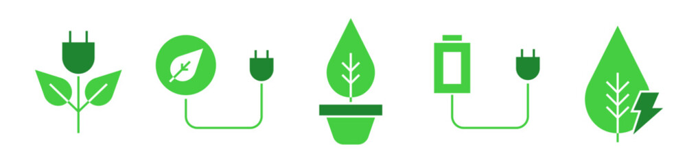 Green renewable energy solid icons design collection set. Electric clean power symbol.