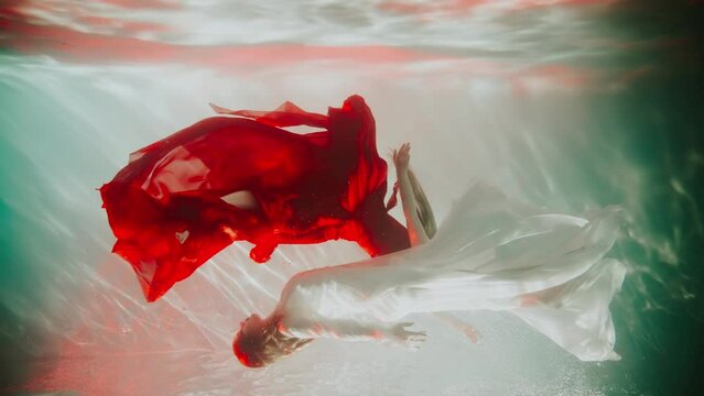 Two Fantasy woman mermaid swims floating in depth underwater world, long red dress white fabric tail in motion. Girl princess ocean sea blue water. sexy couple magic pool shot. wet lady siren. art 4k