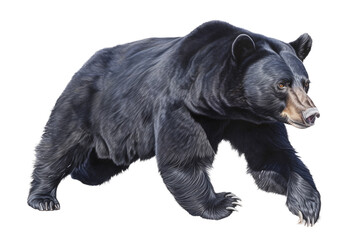 Fototapeta premium an isolated black bear running and walking, side-view portrait, North American, mountain-themed photorealistic illustration on a transparent background in PNG. Ursus americanus. Generative AI