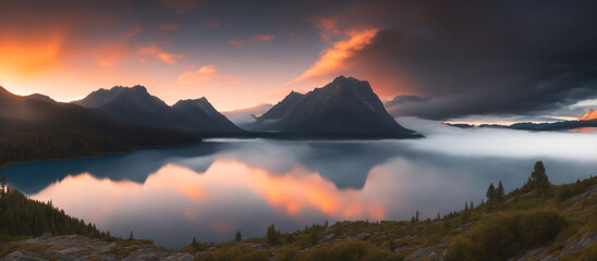 Sunset in the mountains, generative AI
