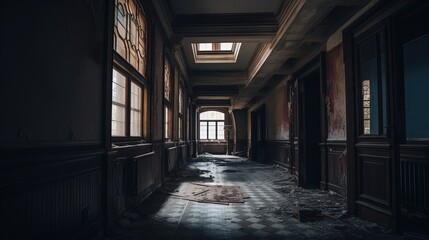 creepy corridor in abandon house , Generative Ai