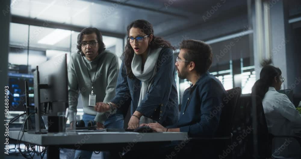 Aufkleber team of three diverse south asian software developers talk, discuss a technological project. empower