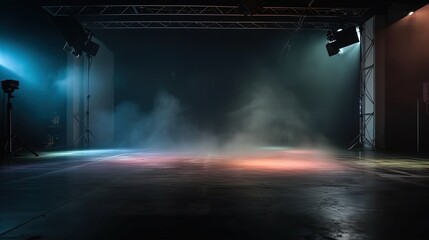 orange blue spotlights shine on stage floor in dark room, idea for background backdrop, music hall or studio, Generative Ai